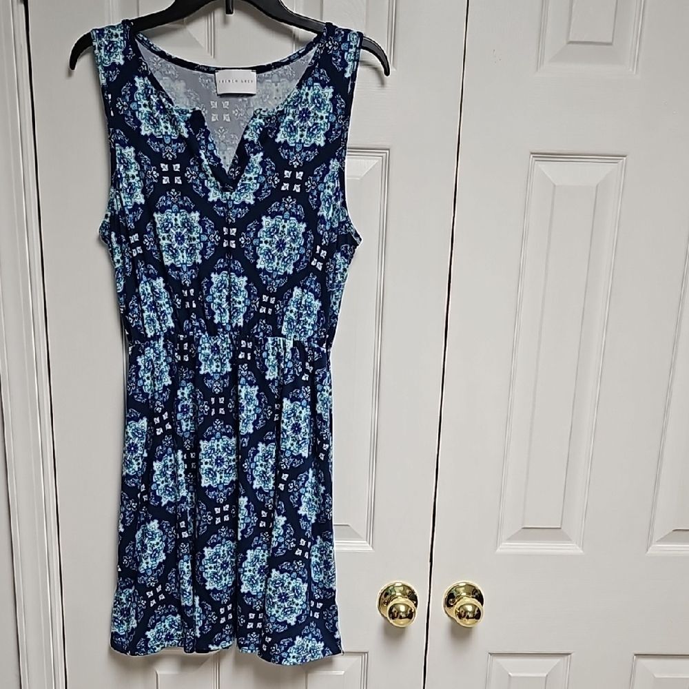 French Grey womens XL Blue Geometric V-Neck Knee-Length Dress